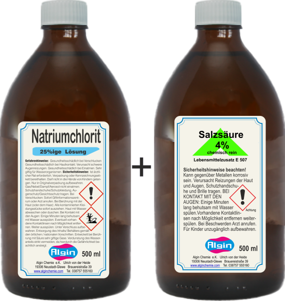 Natriumchlorit 25% + Salzsäure 4% 500ml in Glas Chlordioxid 2-Komponenten-System ASPEX